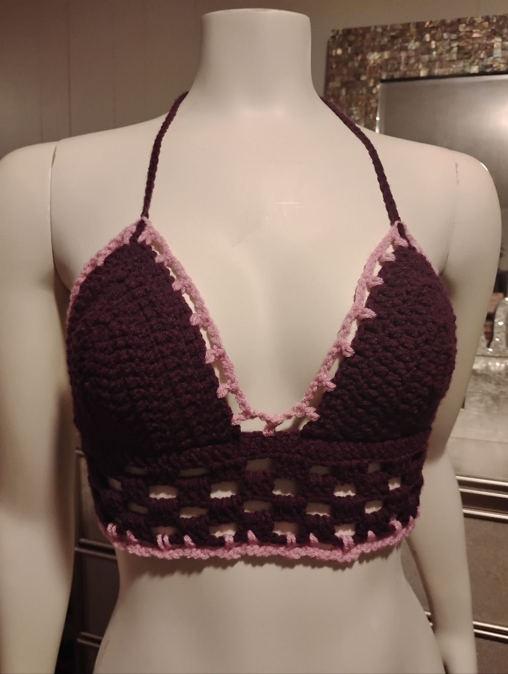 Handmade Crochet Bralette in Deep Plum with Light Pink Trim